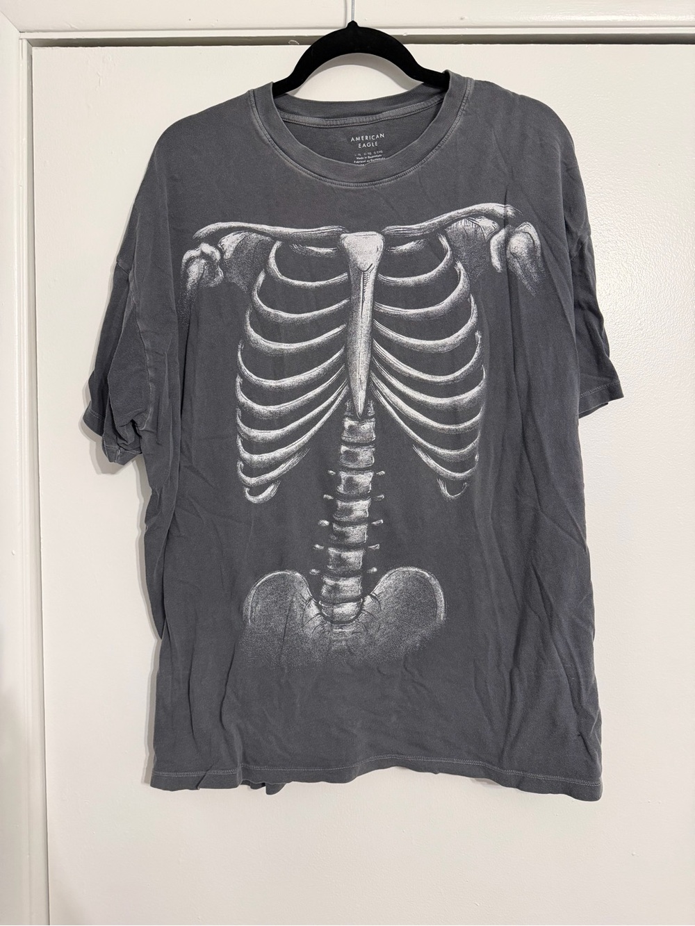American Eagle Outfitters Charcoal Tee with White Skeleton Graphic - Size L/XL